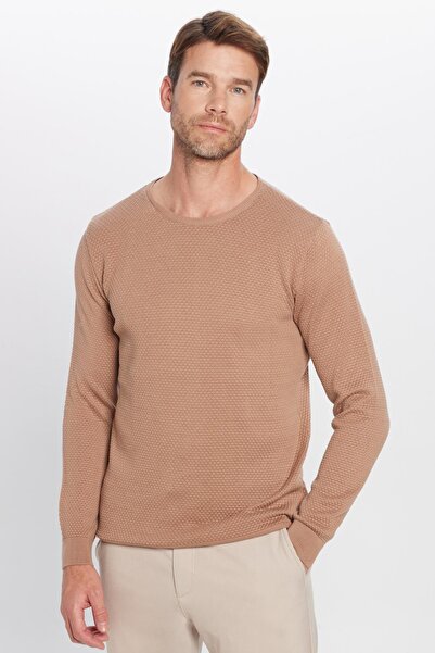 Tudors Men's Slim Fit Crew Neck Honeycomb Patterned Stone Knitwear Sweater