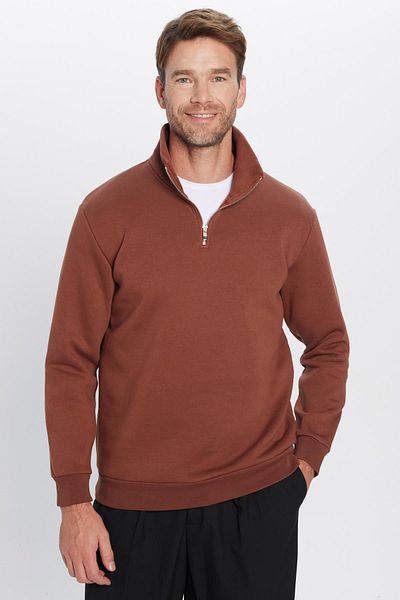 Tudors Unisex Relax Fit Relaxed Cotton Fleece Εσωτερικό Καφέ Φούτερ με γιακά με μισό φερμουάρ