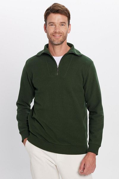 Tudors Unisex Relax Fit Χαλαρή κοπή με ραβδώσεις με μοτίβο βαμβακερό φούτερ με μισό φερμουάρ πράσινο γιακά