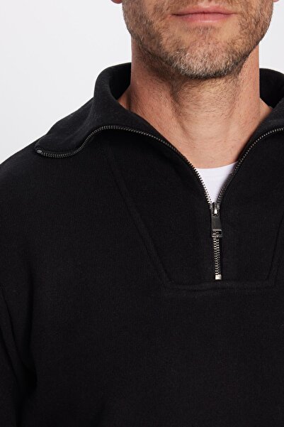 Tudors Unisex Relax Fit Rahat Kesim Fitilli Desenli Pamuklu Yarım Fermuarlı Siyah Dik Yaka Sweatshirt