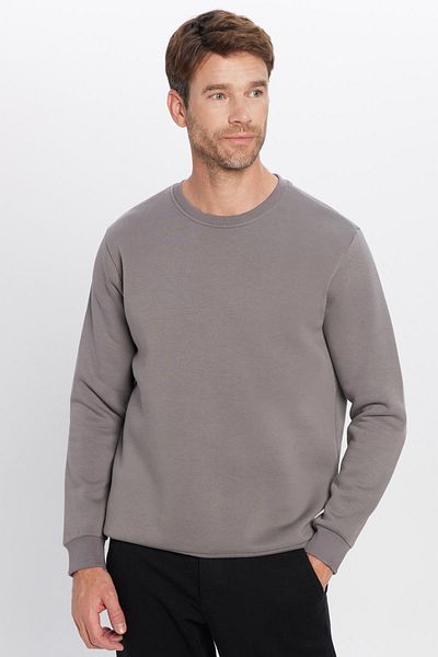 Tudors Unisex Relax Fit Relaxed Cut Βαμβακερή μαλακή υφή Basic γκρι φούτερ με λαιμόκοψη με φλις εσωτερικά