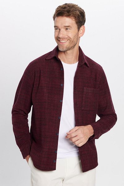 Tudors Men's Classic Fit Regular Fit Lumberjack Single Pocket Dobby Burgundy Winter Shirt