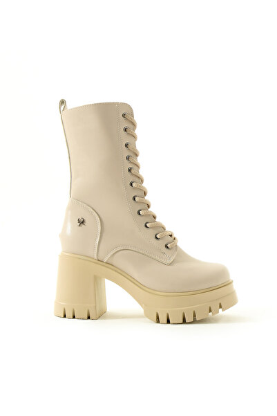 Gökçe Shoes Aine Krem Bağcıklı Fermuarlı Kadın Topuklu Çizme