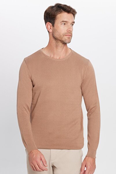 Tudors Men's Slim Fit Crew Neck Honeycomb Patterned Stone Knitwear Sweater