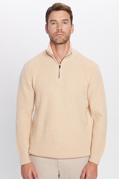 Tudors Erkek Slim Fit Dar Kesim Fermuarlı Krem Dik Yaka Triko Kazak
