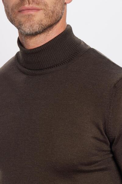 Tudors Pulover pentru bărbați, slim fit, subțire, cu guler întreg, din lână, maro