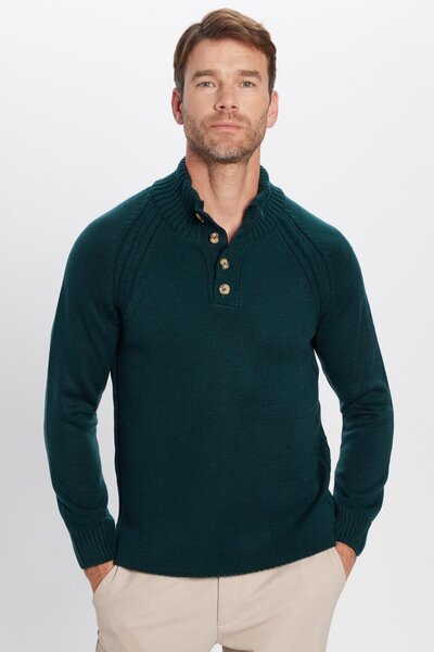 Tudors Men's Slim Fit Slim Fit Stand Collar Buttoned Knitwear Green Knitwear Sweater