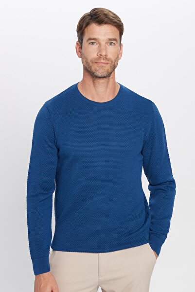 Tudors Erkek Slim Fit Dar Kesim Bisiklet Yaka Petek Desenli Indigo Triko Kazak