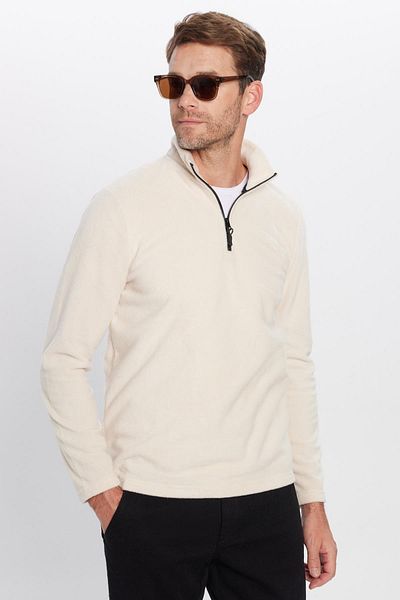 Tudors Unisex Standard Fit Relaxed Fit Non Pilling Cold Proof Beige Stand Collar Fleece Sweatshirt