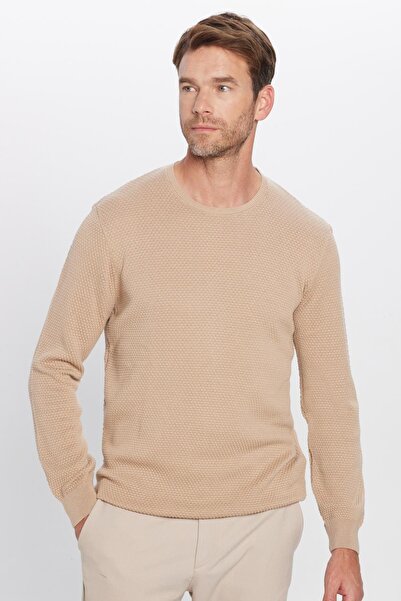 Tudors Erkek Slim Fit Dar Kesim Bisiklet Yaka Petek Desenli Kahve Triko Kazak