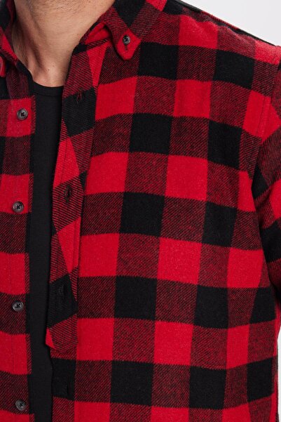 Tudors Erkek Slim Fit Dar Kesim Oduncu Düğmeli Yaka Kareli Kışlık Gömlek