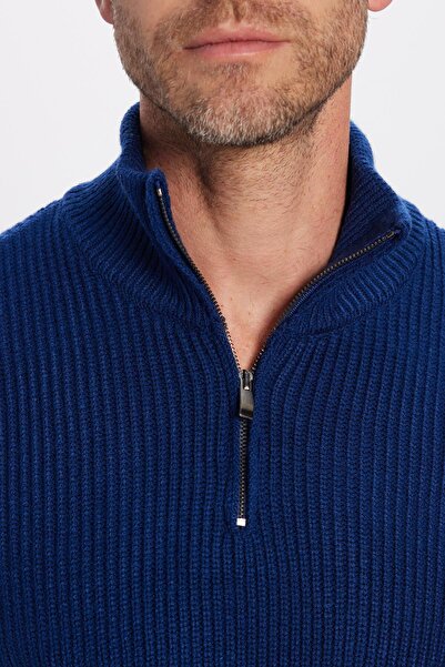 Tudors Erkek Slim Fit Dar Kesim Fermuarlı Sax Mavi Dik Yaka Triko Kazak