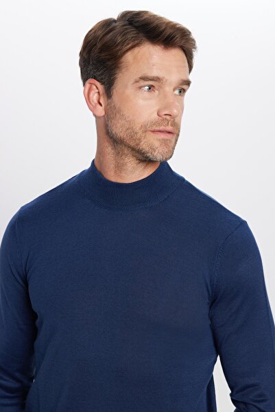 Tudors Erkek Slim Fit Dar Kesim Yarım Balıkçı Yaka Düz Lacivert Triko Kazak