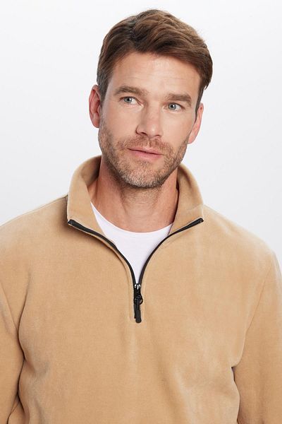 Tudors Unisex Standard Fit Anti-Pilling Non-Pilling Cold-Proof Beige Upright Bato Collar Fleece Sweatshirt