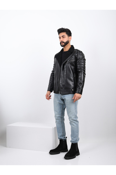 GOEZ PARIS Erkek Deri Ceket | Sürdürülebilir Ekolojik Deri, Peluş Astarlı | V...