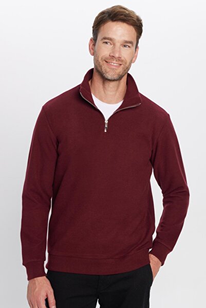 Tudors Unisex Relax Fit Rahat Kesim Fitilli Pamuklu Yarım Fermuarlı Bordo Dik Yaka Sweatshirt