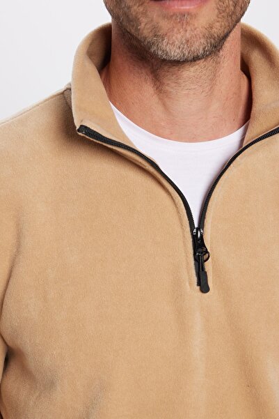Tudors Unisex Standart Fit Anti-pilling Tüylenme Yapmayan Soğuk Geçirmez Bej Dik Bato Yaka Polar Sweatshirt