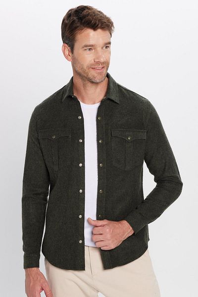 Tudors Мъжка зимна риза Slim Fit Lumberjack с двоен джоб и капак, обикновена, каки