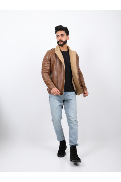 GOEZ PARIS Erkek Deri Ceket | Sürdürülebilir Ekolojik Deri, Peluş Astarlı | V...