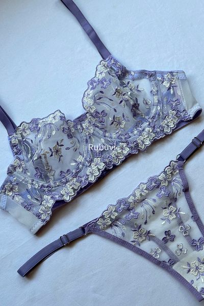 Rubuvi Set de braletă și chiloți din tul din dantelă cu imprimeu floral Flora pentru femei - Set sutien și lenjerie intimă