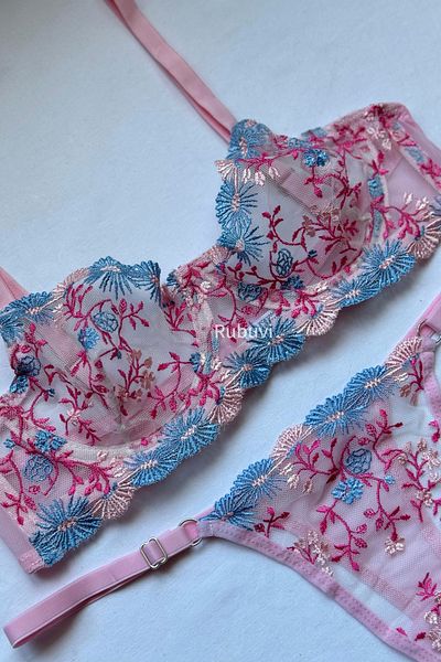 Rubuvi Katy Femei Floral Underwire Dantela See Through Tulle Bralet Lenjerie Chiloți Set Sutien Set Chiloți