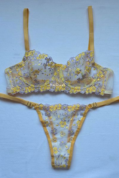 Rubuvi Flora Women S Floral Print Lace Tulle Bralet and Dowry Panties Set - Lingerie Bra and Underwear Set