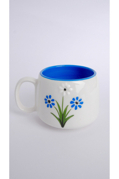 Gezdikçe Bilelim Blue Daisy Patterned Handmade Double Ceramic Mug, Ceramic Mu...
