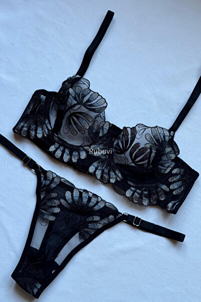 Rubuvi Alice Women's Floral Underwire Ruched Tulle Bralet Underwear Panties Bra Set Lingerie Set