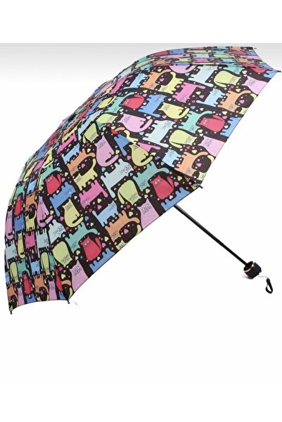 Genel Markalar Şemsiye Kedi Desenli Şemsiye Renkli Manuel Yarasa Tip Katlamal...