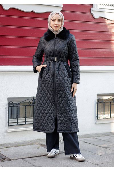 Pamuk Butik Γυναικείο γούνινο παλτό με λεπτομέρειες σε όλο το μήκος