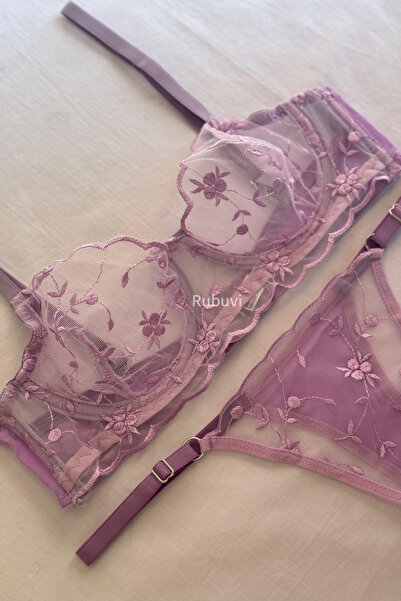 Rubuvi طقم حمالة صدر وملابس داخلية من الدانتيل من التول بطبعة زهور أرجوانية ل...
