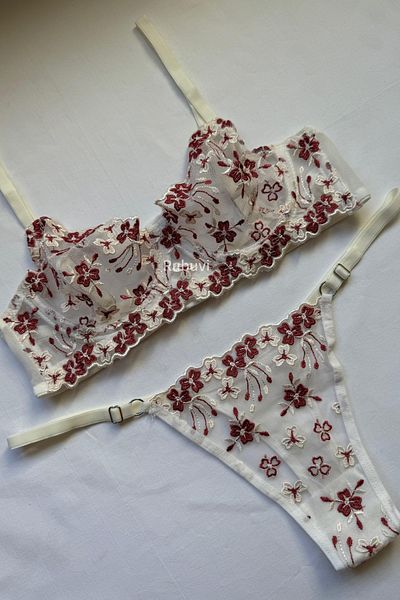 Rubuvi Set de braletă și chiloți din tul din dantelă cu imprimeu floral Flora pentru femei - Set sutien și lenjerie intimă
