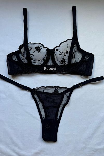 Rubuvi Lily Women's Black Floral Underwire Lace Dowry Underwear Bra Set Lingerie Set