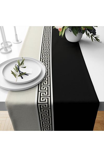 3D ELSE HALI Black and White Lock Patterned Printed Stain Resistant Laceless Decorative Runner Cover 40X140Cm
