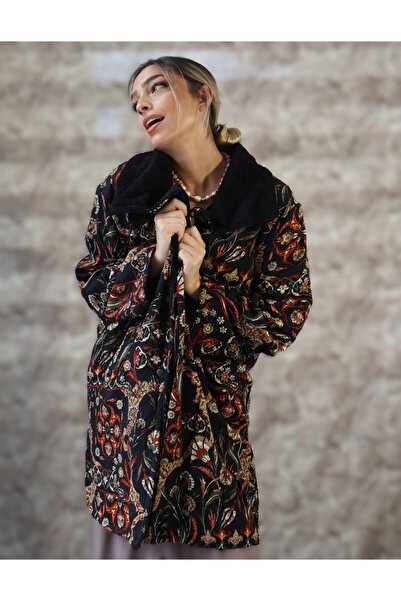 Su Koleksiyon Topkapi İçi Peluş Dışı Desenli Midi Boy Palto