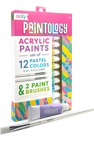 Ooly Set vopsele acrilice Paintology, 12 culori pastel si 2 pensule