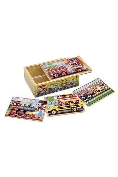 Melissa & Doug Sada 4 dřevěných puzzle v krabičce Vozidla