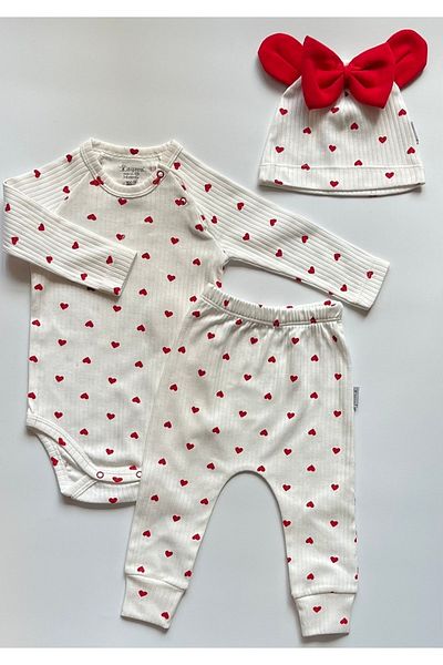 cayzen Mini Heart Detailed 3-Piece Baby Girl Set 100% Cotton
