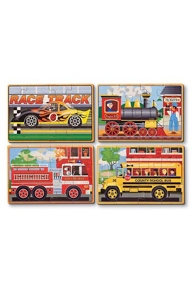 Melissa & Doug Sada 4 dřevěných puzzle v krabičce Vozidla