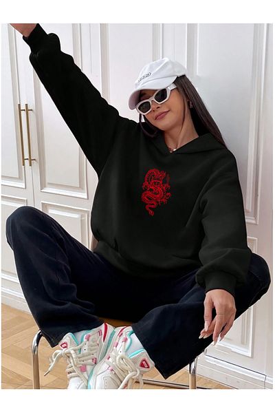 halowear Unisex Μαύρο φούτερ με στάμπα Red Dragon