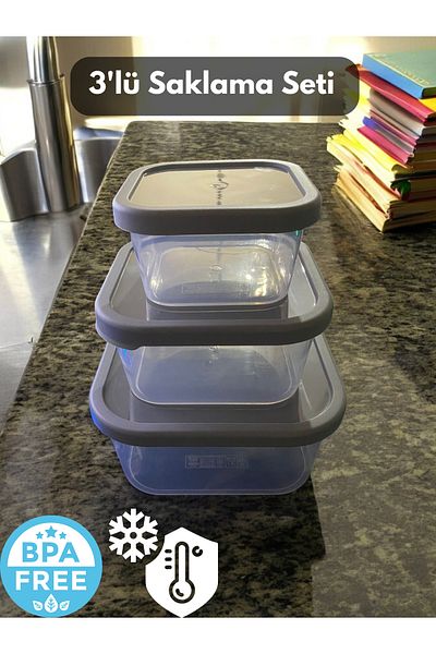 PONÇİK STORE 3-Piece Square Storage Kit - Suitable for Freeze, Can Be Used in Microwave Without Cover (400*900*1800ml)