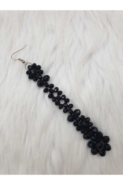 HAPPY HANDMADE Single Long Crystal Beads Black Earring