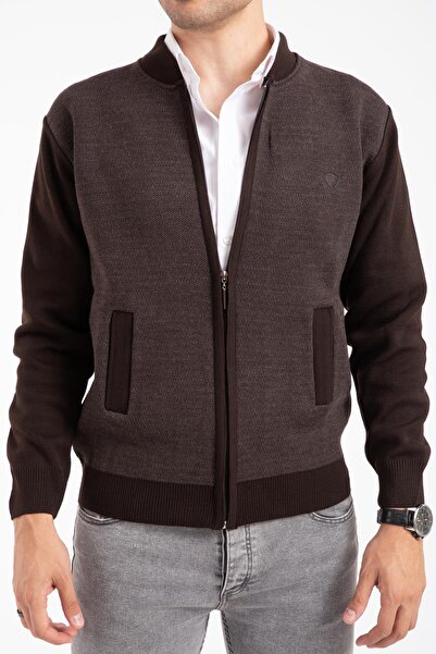 Mutlu City Pánský úpletový svetr středního a staršího věku, pletený akrylový svetr na zip, zimní svetr pro tatínky 2062 – hnědá barva