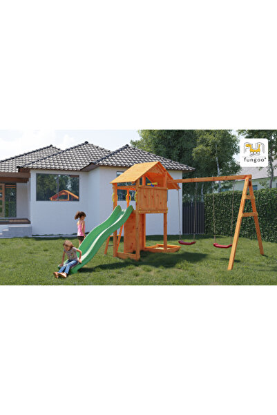 Fungoo Έξυπνο ξύλινο συγκρότημα παιχνιδιού 2 θέσεων με κούνιες, τοίχο αναρρίχησης και πύργο Fungoo