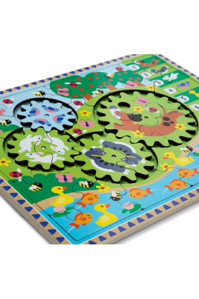 Melissa & Doug Dřevěné puzzle s ozubenými koly pro učení počítání hrou Šťastná zvířátka