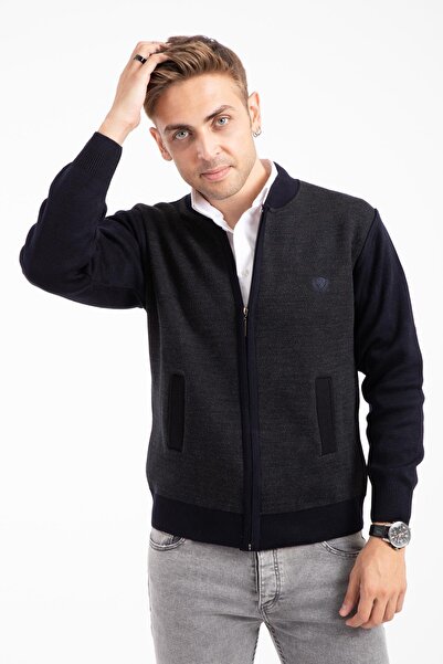 Mutlu City Чоловічий трикотажний светр середнього віку та старше з акриловою застібкою-блискавкою для зими 2062-синій