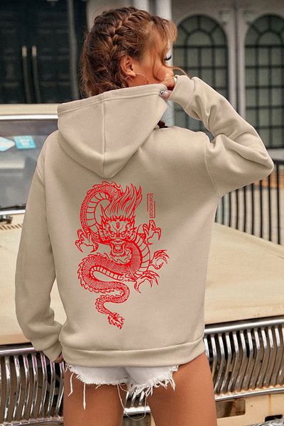 memowear Unisex Red Dragon εμπριμέ μπεζ φούτερ