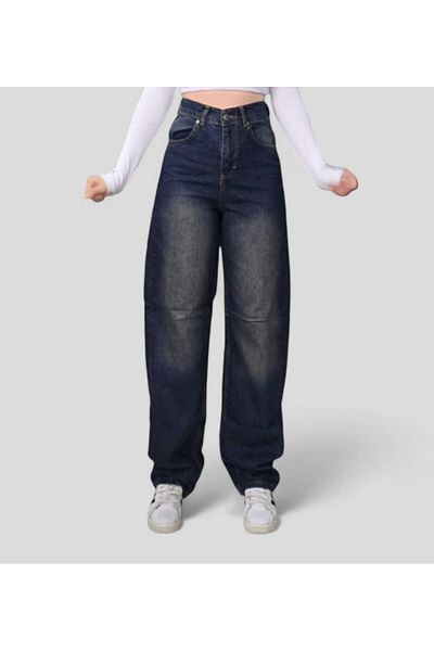 TRENDNATUREL Blugi largi Detaliat cu cataramă Top bleumarin Maro Nuanță Chimic Talie super înaltă Fără Lycra