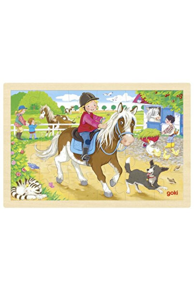 Goki Puzzle din lemn cu rama - Ferma de ponei, 24 piese