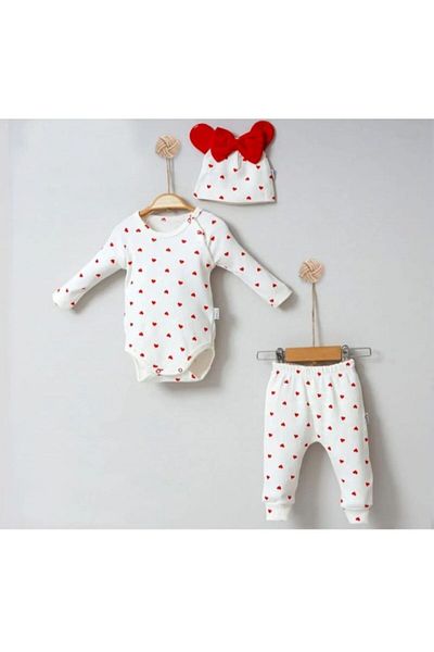 cayzen Mini Heart Detailed 3-Piece Baby Girl Set 100% Cotton